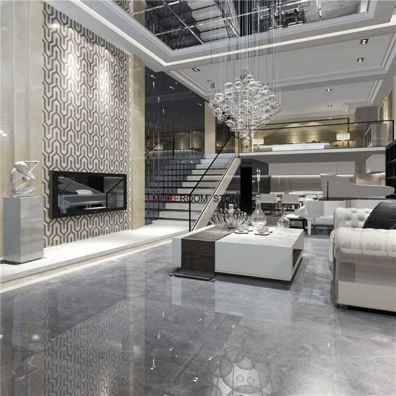 Living Room Design Water jet grey Porcelain Wall Tile # Grey Tile Design # White and Grey Color Tile Design