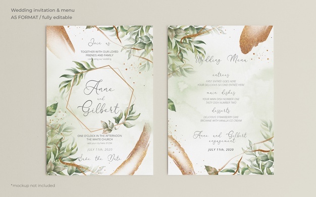 Elegant wedding invitation and menu template with leaves Free Psd
