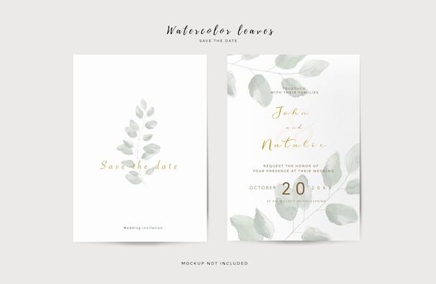 Elegant wedding invitation template with watercolor leaves Free Psd