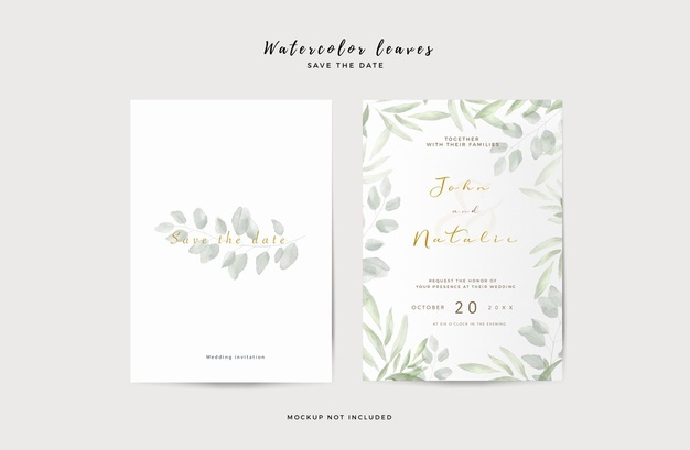 Elegant wedding invitation template with watercolor leaves Free Psd