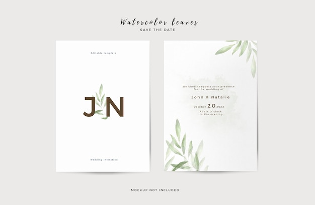 Elegant wedding invitation template with watercolor leaves Free Psd