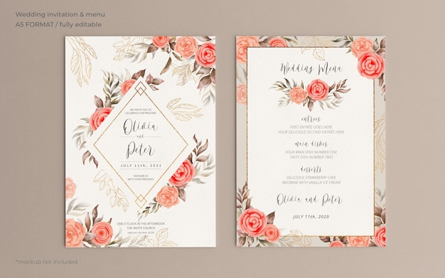 Floral wedding invitation and menu template with soft nature Free Psd
