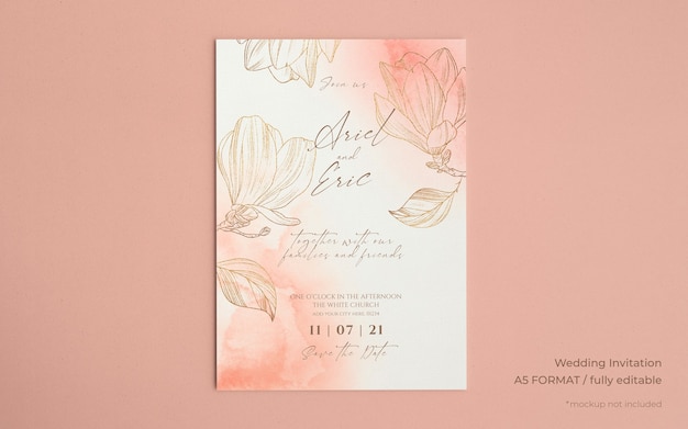 Wedding invitation template with golden magnolias Free Psd