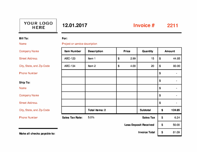 Invoice that calculates total (landscape)