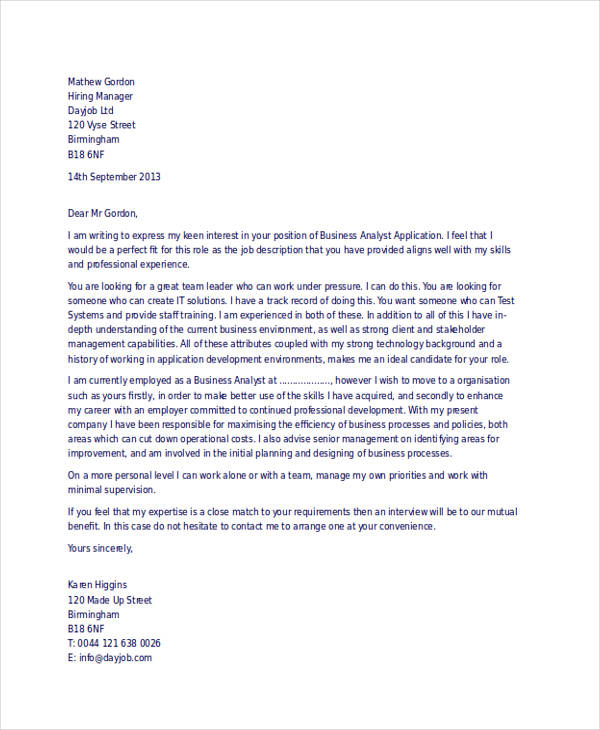 business analyst application letter