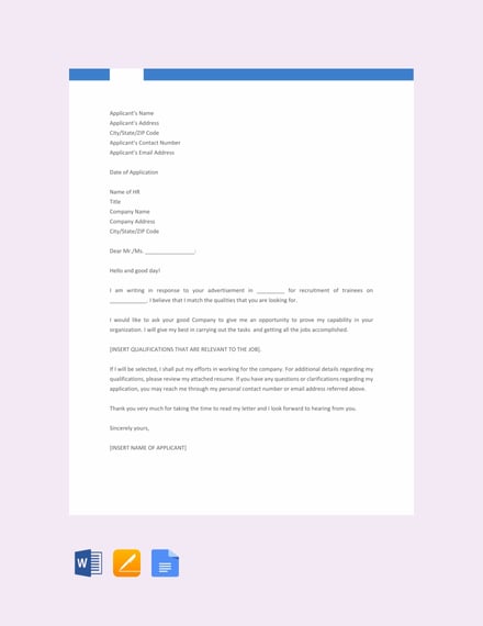fresher job application letter template