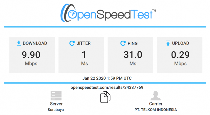 Contoh hasil mengecek kecepatan internet kami dengan OpenSpeedTest